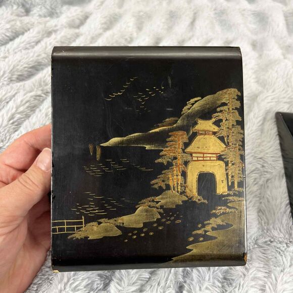 Vintage Bookends Japan Black Lacquer Pagoda Landscape Hand Painted Asian Decor - Picture 7 of 8